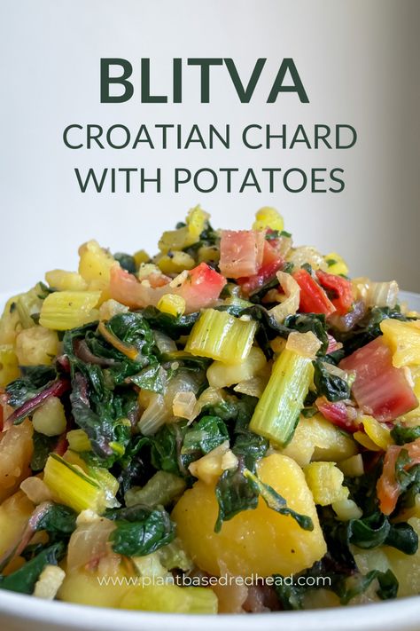 Blitva is an easy, quick-to-cook, and delicious vegan chard recipe from Croatia where it is mainly eaten as a side dish of fish. However, the Croatian swiss chard with potatoes tastes so good that it can do well on its own, that’s why I like to eat it as a main course. In this post, I’ll show you how to easily prepare delicious Croatian blitva, which requires only a few ingredients. Cooking With Swiss Chard, How To Prepare Swiss Chard, Swiss Chard Stems Recipes, Preserving Swiss Chard, What To Do With Swiss Chard, Croatia Recipes, Green Vegetable Side Dish, Swiss Chard Recipes Easy, Croatian Food