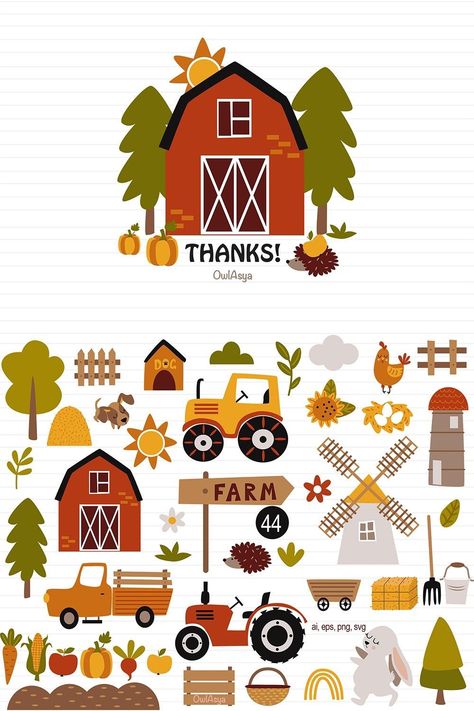 Illustrated Farm Animals: Stickers Galore! Barn Drawing, Tractor Clipart, Farm Clipart, Pet Food Packaging, Farm Vector, Animals Stickers, Creative Clips Clipart, Farm Svg, Farm Wall Art