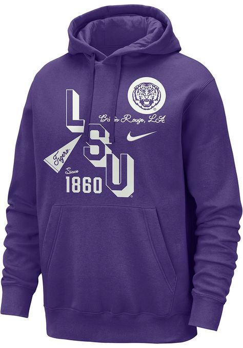 Put your Tigers spirit on display in this LSU Tigers Long Sleeve Hoodie! You'll be cozy on game day in this LSU Mens Purple Club Hooded Sweatshirt. This Tigers Long Sleeve Hoodie features a embroidered and screenprint team graphic across chest. Wear your LSU Tigers spirit with pride in this great Mens Hooded Sweatshirt! Fit: True to Size, 80% COTTON / 20% POLYESTER, Machine wash cold, 4 Hoodie Purple, College Hoodies, Purple Long Sleeve, Tiger T Shirt, Lsu Tigers, Hooded Sweatshirt Men, Mens Hooded, White Style, Men's Nike