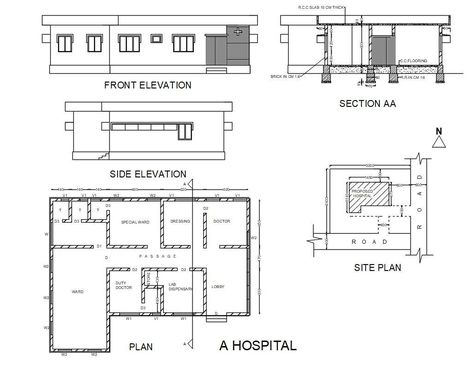 plan elevation and section of a small hospital with detailed specifications of drawing a project work hospital with all facilities of all hospital equipment. Small Hospital Plan, Plan Elevation Section Of House, Small Hospital Floor Plan, Plan Section Elevation Drawings, Hospital Plan Design, Small Hospital Design Architecture, Small Hospital Design, Hospital Plan, Small Hospital