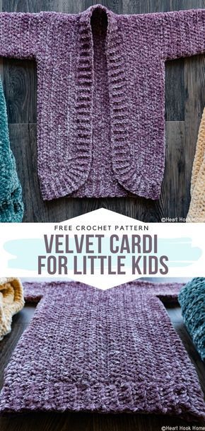 Velvet Cardi for Little Kids Free Crochet Pattern  This lovely cardigan is the perfect combination of simple design and luxurious material, without a doubt. Choose the softest velvet yarn you can find, ask your little trendsetter to tell you hers or his current favorite color and go for it! Making fashion dreams come true is so simple, right?  #crochetbabycardigan #crochetcardigan #freecrochetpattern Kids Cardigan Crochet, Kids Crochet Pattern, Velvet Cardigan, Baby Cardigan Pattern, Kids Cardigans, Baby Crochet Patterns Free, Crochet Sweater Pattern Free, Crochet Baby Cardigan, Crochet Toddler