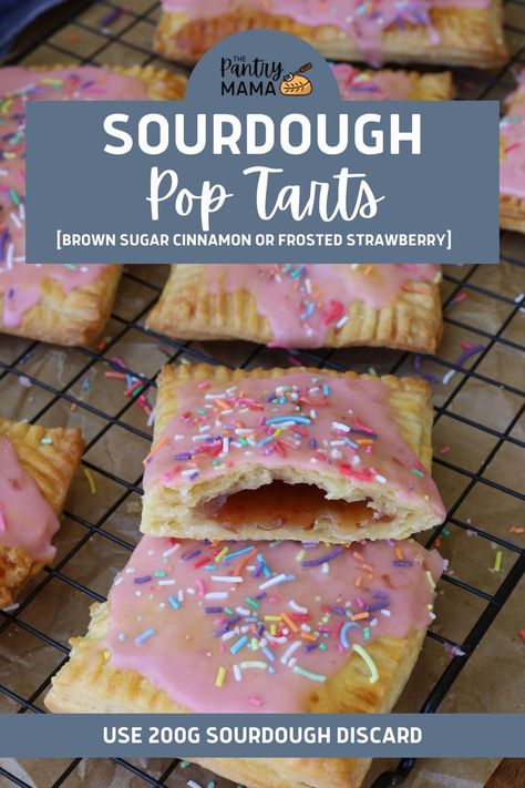 Sourdough Pop Tarts with 2 different filling ideas - brown sugar cinnamon and frosted strawberry. Use 200g of sourdough discard! Sourdough Discard Recipes Poptarts, Sourdough Discard Valentines, Sourdough Valentines Treats, Pink Sourdough Bread, Sourdough Pop Tarts, Valentines Sourdough, Fun Sourdough Recipes, Strawberry Sourdough, Pop Tarts Recipe