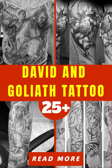 David And Goliath Tattoo Biblical Story Tattoos, King David Tattoo, Biblical Tattoos For Men, David And Goliath Tattoo, Goliath Tattoo, Tattoo Ideas Stencil, David Bible, David Tattoo, Story Tattoo