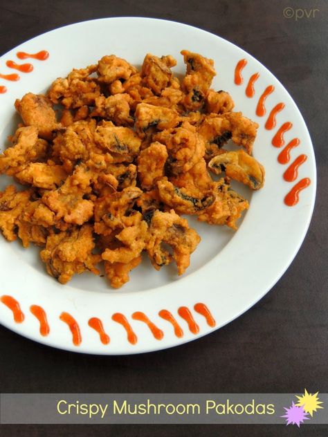 Priya's Versatile Recipes: Crispy Mushroom Pakoda Mushroom Fritters, Vegan Fritters, Jamur Kancing, Button Mushrooms, Yummy Healthy Snacks, Fritter Recipes, Finger Food Appetizers, Vegetable Sides, Side Recipes