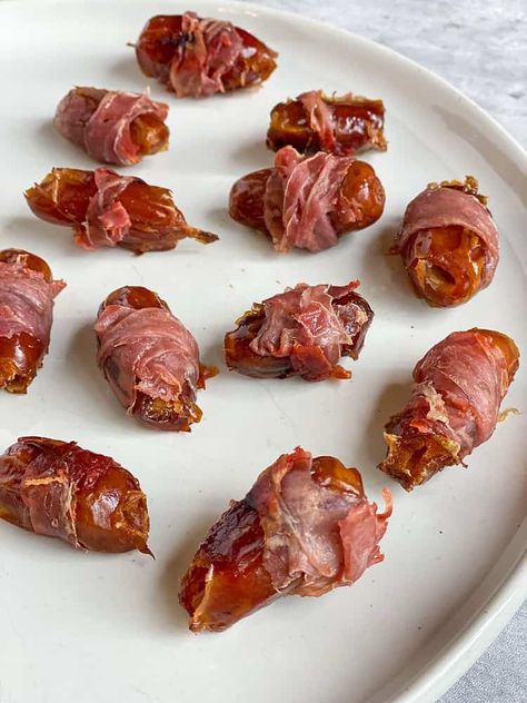 Prosciutto Wrapped Dates - Whole30, Paleo- Real Food With Altitude Prosciutto Wrapped Dates, Pecan Bites, Wrapped Dates, Impressive Appetizers, Prosciutto Wrapped, Beet Hummus, Group Meals, Best Appetizers, 2 Ingredients