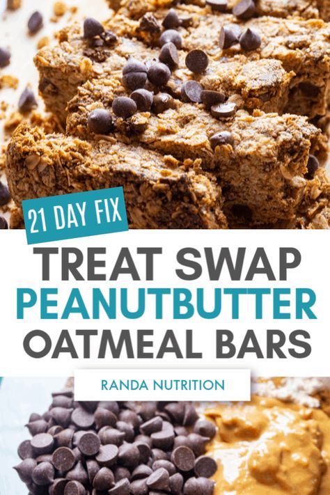 If you're looking for a yellow treat swap for the Ultimate Portion Fix, try these peanut butter oatmeal bars. They're gluten free and a tasty 21 Day Fix dessert. They're also great for toddlers! #21dayfixrecipes #treatswap 21 Day Fix Dessert, Healthy Peanut Butter Oatmeal, Bars With Chocolate Chips, Peanut Butter Breakfast Bar, 21 Day Fix Desserts, 21 Day Fix Snacks, Peanut Butter Oat Bars, Oatmeal Bars Recipes, Peanut Butter Breakfast