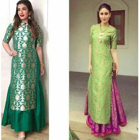 Brocade Suits Indian Party Wear, Banaras Dress Designs, Lehenga With Long Kurta, Green Banarasi Suit, Long Kurta With Skirt, Long Kurta With Lehenga, Kurta With Skirt, Banarasi Suits, Indian Outfits Lehenga