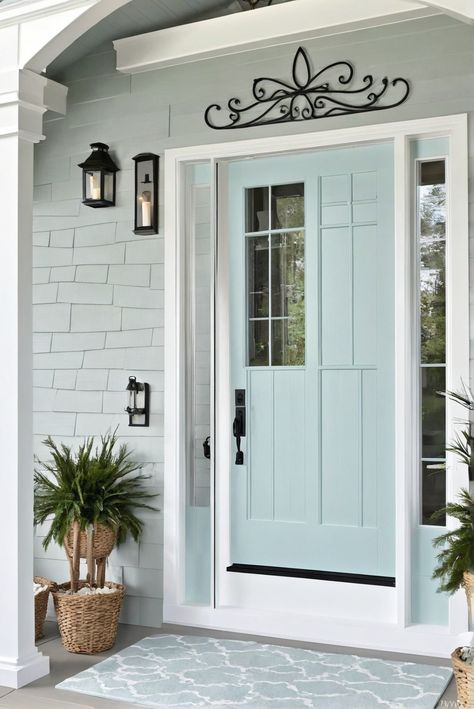 Sherwin Williams, Sea Salt, Exterior transformation, Home improvement Coastal Outside House Colors, Bm Sea Haze Exterior, Aqua Exterior House Paint, Sea Salt House Exterior, Sea Salt Sherwin Williams Exterior, Sea Salt Exterior House Paint, Coastal Front Doors, Sea Salt Exterior, Beach House Colors Exterior