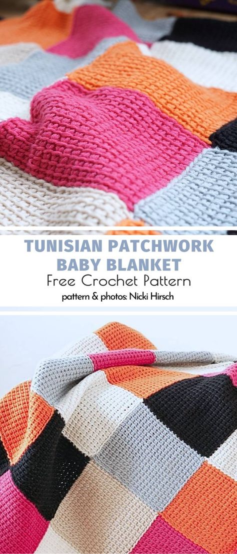 Tunisian Patchwork Baby Blanket  While talking about patchwork crochet projects, we couldn't go without a delightful pattern for a baby blanket, right? Of course not! This one is based on large squares in contrasting colors. It gives you the opportunity to learn an easy color shift in Tunisian crochet. Awesome, right? Entrelac Crochet, Crochet Patchwork Blanket, Tunisian Crochet Blanket, Patchwork Baby Blanket, Patchwork Crochet, Blankets Crochet, Patchwork Throw, Modern Crochet Blanket, Crochet Tunisian