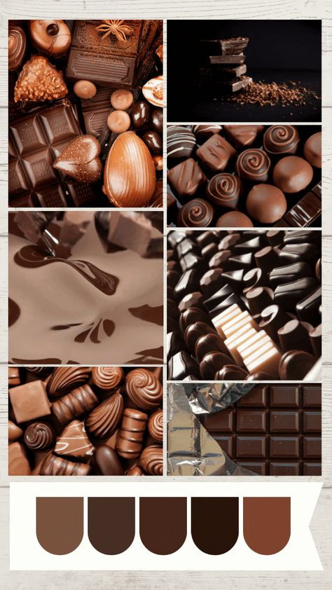 A moodboard and a colour scheme of chocolate. Chocolate Mood Board, Browncore Aesthetic, Chocolate Moodboard, Pancakes Aesthetic, Theme Board, Moodboard Inspiration, Trousers Outfit, Luxury Chocolate, Cd Art