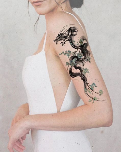 Watercolor Dragon Tattoo, Dragon Tattoo Drawing, Dragon Tattoo Arm, 42 Tattoo, Tato Naga, Around Arm Tattoo, Ram Tattoo, Tier Tattoo, Elbow Tattoo