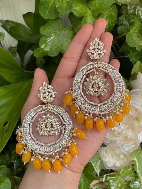 Traditional Jhumka, Mayon Dresses, Yellow Blush, Pakistani Earrings, Jhumka Designs, Indian Wedding Jewelry Sets, Sky Green, Pearl Work, Unique Colours