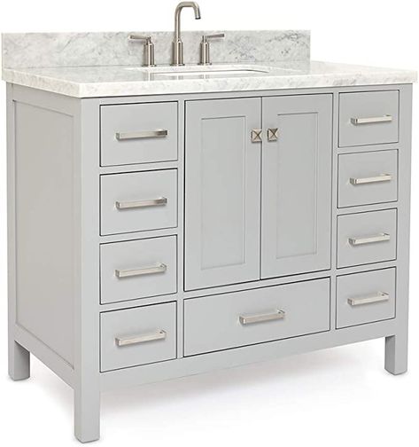 Amazon.com: ARIEL 43" Inch Grey Bathroom Vanity w/ 1.5" Inch Edge Pure White Quartz Countertop & Backsplash | Rectangular Sink | 2 Soft Closing Doors and 9 Full Extension Dovetail Drawers | Satin Nickel Pulls : Tools & Home Improvement Countertop Backsplash, Grey Bathroom Vanity, Grey Bathroom, Undermount Bathroom Sink, Marble Vanity, Quartz Countertop, White Quartz Countertop, Marble Vanity Tops, Modern Baths