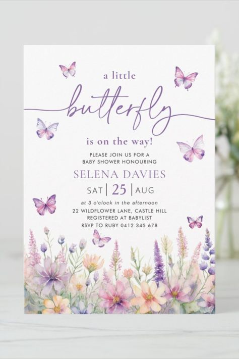 Charming butterfly-themed baby shower invitation adorned with delicate illustrations, ideal for welcoming a little one. Baby Shower Butterfly Invitations, A Little Butterfly Is On Her Way Theme, Pink And Purple Baby Shower Ideas, A Little Butterfly Is On Her Way, Purple Butterfly Baby Shower Theme, Butterfly Theme Baby Shower Ideas, Purple Baby Shower Ideas, Baby Shower Butterfly Theme, Butterfly Baby Shower Ideas