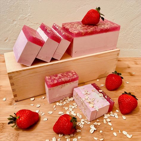 Strawberries & Cream Oatmeal Soap Bar | Waterfront Goods Strawberries And Cream Oatmeal, Strawberry Soap, Strawberry Bars, Aesthetic Strawberry, Mp Soap, Handmade Soap Recipes, Oatmeal Soap, Bar Of Soap, Natural Soaps