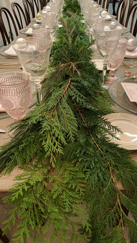 Holiday decor Christmas table pine table runner colored goblets Evergreen Table Runner, Pine Table Runner Wedding, Pine Table Runner, Ball Themes, Colored Goblets, Christmas Centerpiece Ideas, Christmas Dinner Table Settings, Christmas Banquet, Pine Wedding