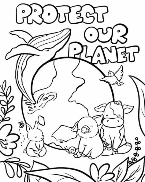 Coloring page Earth Day drawing with bubble letters that spell "Protect Our Planet" and cartoon animals surrounding Earth. Save Our Earth Drawing, Save Our Planet Drawings, Animal Protection Poster Drawing, Earth Day Coloring Pages Free Printable, Save Animals Poster Drawing, Save The Planet Drawing, Save The Animals Poster, Environmental Protection Drawing, Environmental Posters Drawing