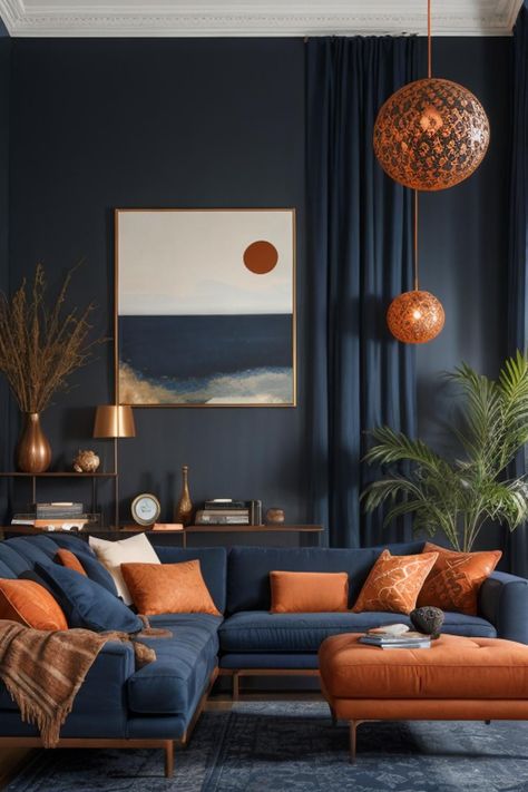 Blue Couch Orange Pillows, Dark Blue Orange Living Room, Blue Copper Living Room, Blue Walls Orange Curtains, Blue Brown And White Aesthetic, Navy Blue And Orange Living Room Decorating Ideas, Navy And Orange Living Room Decor, Mustard Rust Blue Living Room, Copper Couch Living Room Ideas