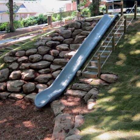 Natural Playgrounds Store Embankment Slide, Backyard Slide, Creative Backyard, Sloped Backyard, Diy Playground, Hillside Landscaping, Natural Playground, Play Yard, Backyard Playground