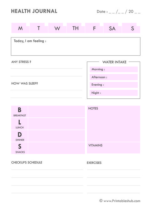 Let's talk health! Let's start with a health journal. How about that? Download your free printable health and diet journal pdf from Printableshub. This printable is a simple layout template of a health journal. The design is as such to make it easy to keep a track of your health on daily basis #healthjournal #dailyhealthjournal #printablehealthjournal #printabledietjournal #healthprintables #healthjournalideas #healthjournaltracker #healthjournaltemplates #fooddiary #printablehealthtracker Daily Journal Layout Free Printables, Health Journal Templates, Journal Templates Layout, Busy Mom Planner, Ipad Template, Health Diary, Journal Format, Diet Journal, Diary Template