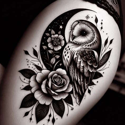 Cover Ups For Black Tattoos, Halloween Owl Tattoo, Owl Tattoo For Women Sleeve Forearm, Owl Thigh Tattoo Women, Black And White Owl Tattoo, Cover Up Tattoos Leg, Owl Cover Up Tattoo, Owl Shoulder Tattoo, Owl And Flower Tattoo