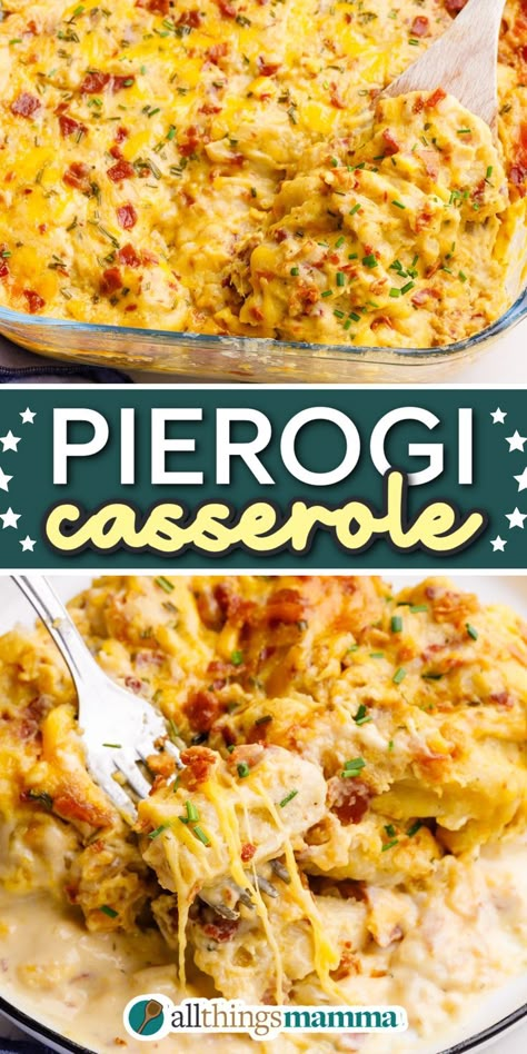 close up image of Pierogi Casserole served in a large glass casserole dish Perogie And Ground Beef Casserole, Sausage And Pierogies Casserole, Ground Beef Perogie, Hamburger And Perogies Recipes, Dinner Recipes With Perogies, Sausage And Pierogi Casserole, Bacon Perogie Casserole, Ground Beef Perogie Casserole, Perogies And Ground Beef Recipe