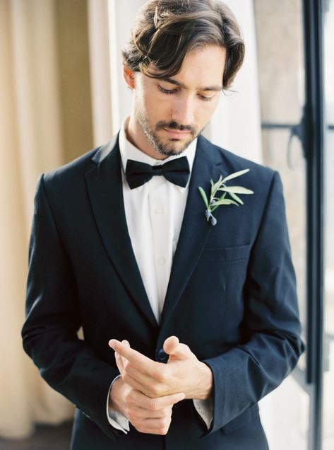 Classic Black Tie Groom Style with an Olive Branch Boutonniere Olive Branch Boutonniere, Black Tie Groom, Black And Gold Decor, High Fashion Wedding, High Fashion Wedding Dress, California Mountain, Malibu Rocky Oaks, Fashion Wedding Dress, Olive Wedding