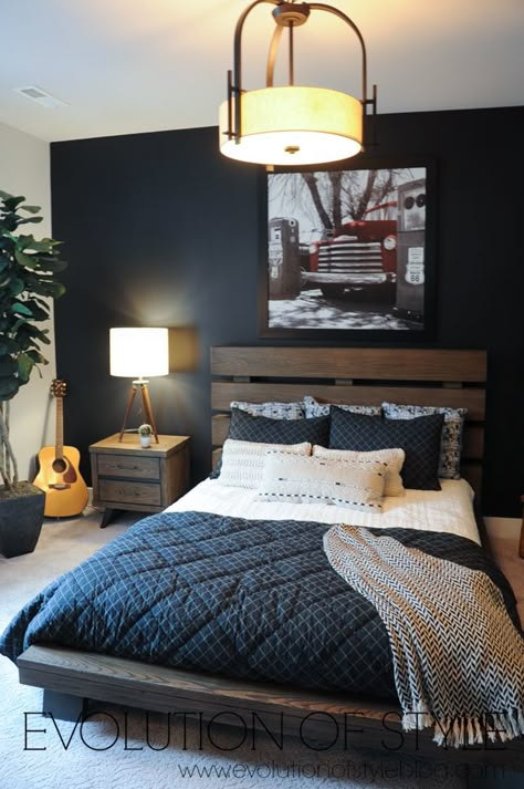 Large Dark Wood Headboard Bedroom, Navy Blue Bedroom Dark Wood, Men’s Bedroom Accent Wall, Dark Mens Bedroom, Blue Male Bedroom, Dark Blue Walls Bedroom, Bedroom Jungle, Mega House, Dark Accent Walls