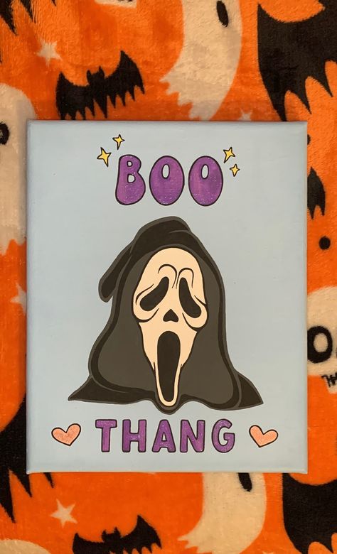 Hand Painted Customizable Ghostface "Boo Thang" Canvas Really Simple Painting Ideas, Canvas Paint Night Ideas, Canvas Painting Inspo Easy Aesthetic, Cute Canvas Painting Ideas For Couples, Halloween Painting For Boyfriend, Small Halloween Painting Ideas, Cartoon Network Paintings Canvas, Preppy Halloween Painting, Halloween Couple Paintings