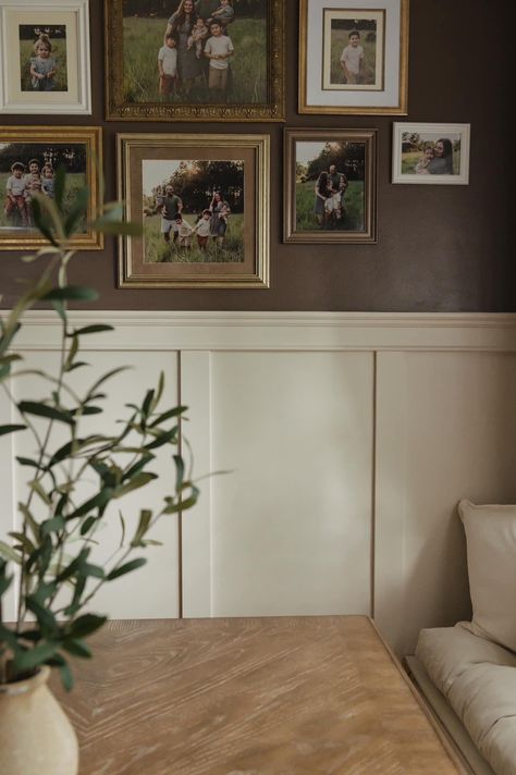 Green Dining Room With Wainscoting, Gallery Wall With Wainscoting, Gallery Wall Above Board And Batten, Moody Wainscoting Ideas, Empty Wall Ideas Dining Room, Wainscoting Ideas Dining Room, Small Dining Room Wall Decor, To Do Board, Wainscoting Dining Room