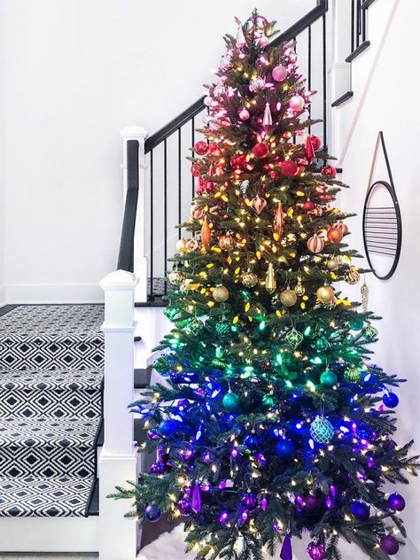 Supercool, Colorful and Unique Christmas Tree Looks We Love | HGTV Christmas Entryway, Rainbows Christmas, Unique Christmas Trees, Beautiful Christmas Trees, Blue Tree, Colorful Christmas Tree, White Christmas Tree, Christmas Tree Themes, Christmas Tree Decoration