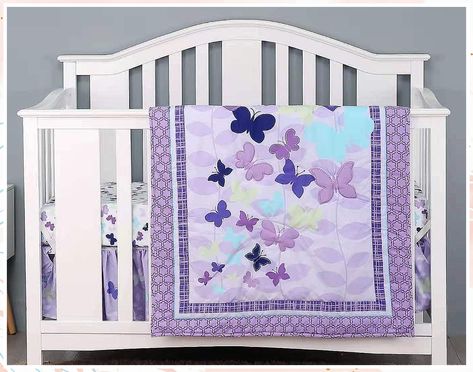 Wowelife Purple 4 Piece Butterfly Crib Bedding Set Baby Girl Nursery Bedding Set with 2 Fitted Sheet(Purple) Butterfly Crib Bedding, Organic Crib Bedding, Purple Crib, Purple Crib Bedding, Baby Girl Crib Bedding Sets, Cot Bedding Sets, Baby Crib Sets, Crib Comforter