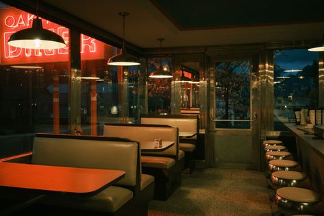 Interior of Oakhurst Diner at night, Millerton, New York Twin Peaks Diner, Diner At Night Aesthetic, Diner Night Aesthetic, Corporate Grunge Aesthetic, New York Diner Aesthetic, Small Town Restaurant Aesthetic, 80s Neighborhood, Diner Aesthetic Night, Old Diner Aesthetic