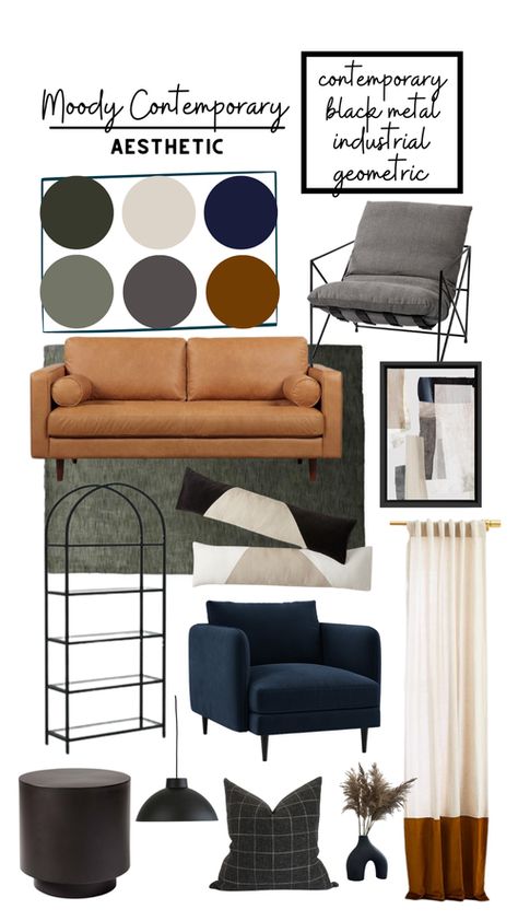 Navy Gothic Living Room, Moody Sophisticated Interior, Moody Luxe Living Room, Dark Moody Small Apartment, Midcentury Blue Living Room, Black Grey Brown Blue Living Room, Color Palette Living Room Grey, Masculine Boho Decor, Dark Moody Apartment