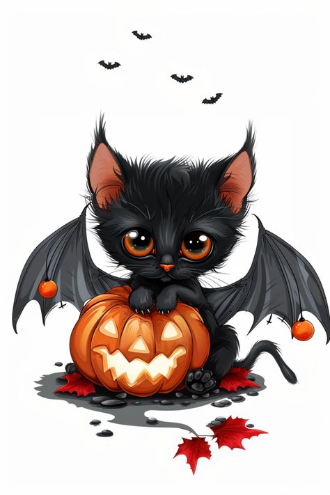 Cute Halloween Vampire Black Kitten. With a pumpkin and bats in the sky Halloween Lollies, Vampire Cat, Tree Painting Canvas, Halloween Wallpaper Cute, Halloween Facts, Zombie Hand, Halloween Rocks, Cat Hacks, Halloween Artwork