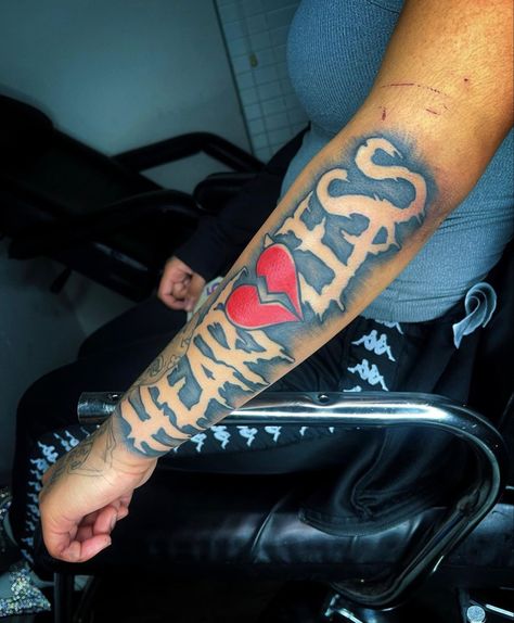 Fearless Forearm Tattoo, Name Tattoos With Clouds, Bubble Letter Tattoos On Arm, Foe Tattoos Men, No Love Tattoo Men, Show No Love Tattoo, Hood Tattoo Designs, Crip Tattoos, Outer Forearm Tattoo Men