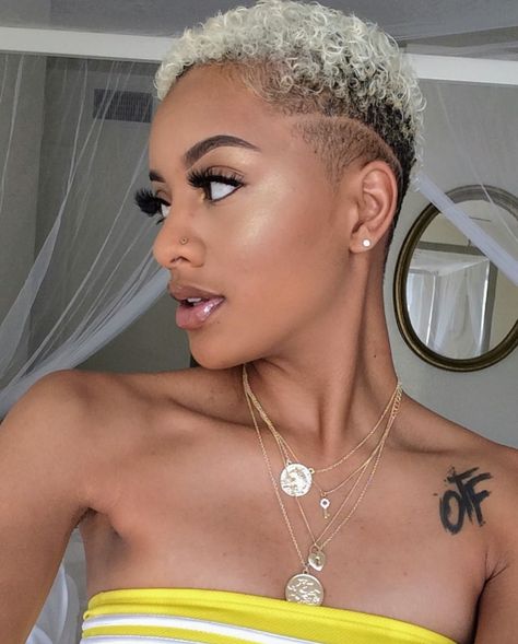 Hair Color Ideas For Short Hair Blonde, Black Ladies Haircut Styles With Dye, Short Blonde Haircuts Black Women, Short Blonde Natural Hair Black Women, Short Hair Dye Colors For Black Women, Female Low Cut Hairstyles, Low Haircut For Black Women, Brush Cut For Black Women, Low Cut Hair Black Women