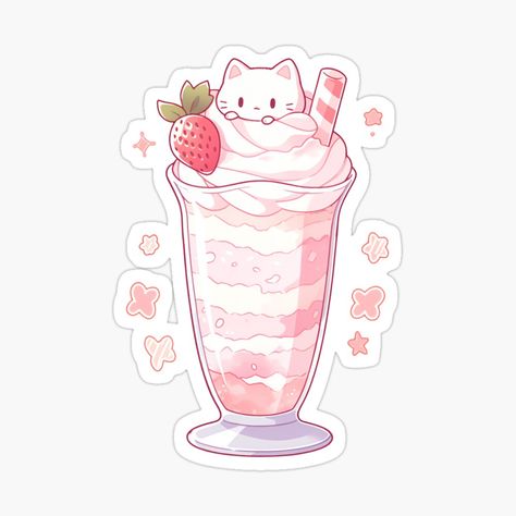 Cute Kawaii Pink Milkshake with a Cat by CozyKawaiiArt | Redbubble Kawaii Milkshake, Pink Milkshake, Emo Stickers, Kawaii Cat Drawing, Pink Drawing, Cute Moments, Images Kawaii, Stickers Aesthetic, Kawaii Illustration