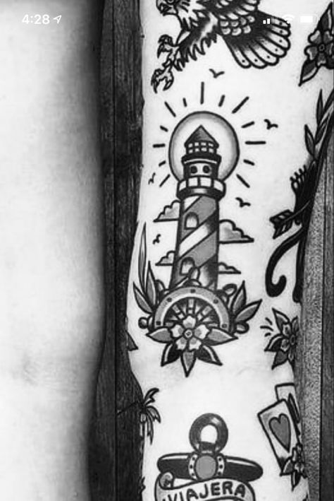 Neo Traditional Tattoos Blackwork, Lighthouse Tattoo Simple, Cool American Traditional Tattoos Black And White, Sailor Jerry Black And White, Old Money Tattoo Ideas, Old School Sailor Tattoo, Traditional Tattoos Black And Grey, Sailor Tattoos Traditional, Nautical Traditional Tattoo