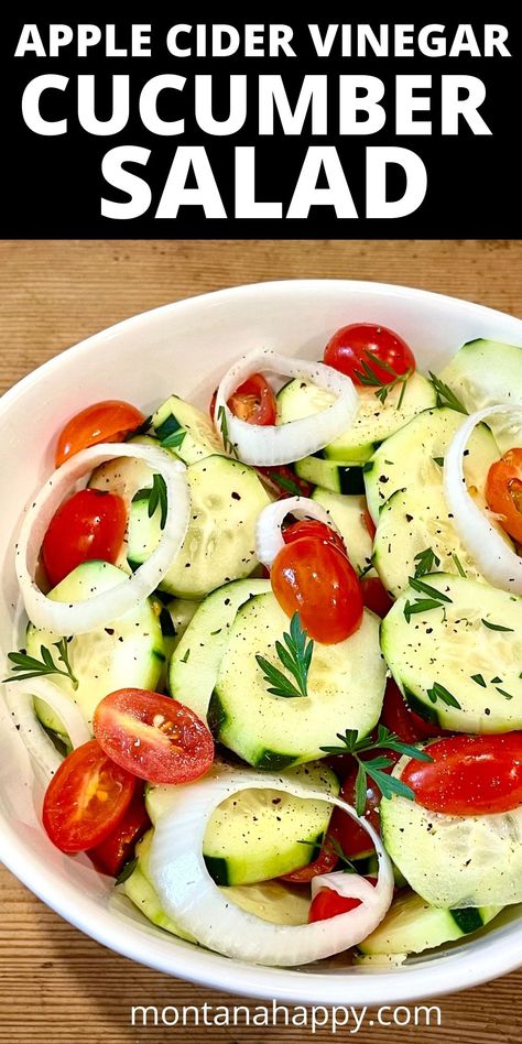 Cucumber Tomato salad in a white bowl Dressing With Olive Oil, Cucumber Salad Dressing, Apple Cider Vinegar And Honey, Cucumber Tomato Avocado Salad, Vinegar Cucumbers, Marinated Cucumbers, Honey Dressing, Homemade Tzatziki Sauce, Rustic Recipes