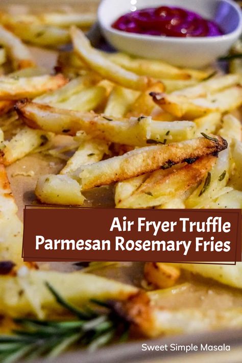 The best truffle parmesan rosemary fries that you can make at home in your air fryer! Crispy decadent fries without all the extra grease! Rosemary Truffle Fries, Rosemary Fries, Fries Air Fryer, Air Fry French Fries, Parmesan Fries, Making French Fries, Truffle Fries, Potluck Party, Side Dish Recipes Easy