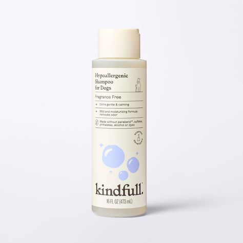 Kindfull™ Hypoallergenic Dog Shampoo - 16 fl oz is made from plant-derived ingredients to ensure a gentle yet effective clean for your canine companion. The mild and moisturizing formula provides a soothing wash that helps maintain a healthy coat. Apply on wet fur from behind the ears to the tail, lather thoroughly, and rinse well. Give your pet a gentle cleanse with this dog shampoo to leave them feeling refreshed. Our mission is to make mealtime, playtime, nap time, and all the time in between Dog Shampoo Packaging, Pet Shampoo Packaging Design, Pet Care Products, Dog Skin Care, Puppy Shampoo, Shampoo Packaging, Cute Dog Toys, Shampoo Brands, Baby Products Packaging