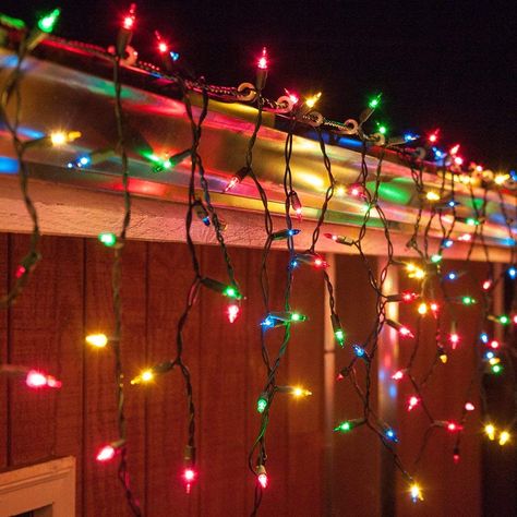 PRICES MAY VARY. [ 100 MULTICOLOR INCANDESCENT ICICLE LIGHTS ]  100 multi color traditional incandescent icicle lights on green wire, 18 vertical drops in lengths of 18", 9", 15", and 12"; approximately 5 ft. lighted length, 12” lead, 4” tail. [ END TO END EXPANDABLE ]  Safely connect 5 sets end to end for 25' total coverage on one plug - 42.5 watts (0.36 Amps) per set. 120-volt fused non-polarized male plug and female plug for end to end connections. Powered by STANDARD 120 VOLT household outle Colored Christmas Lights, Holiday Lights Outdoor, Icicle Christmas Lights, Solar Christmas Lights, Potted Christmas Trees, Hanging Christmas Lights, Bulb String Lights, Icicle Lights, Garden Christmas