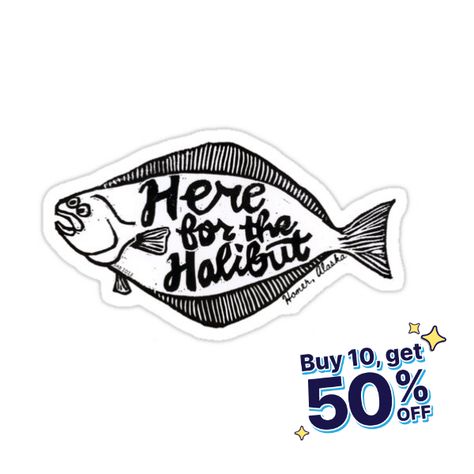 Decorate laptops, Hydro Flasks, cars and more with removable kiss-cut, vinyl decal stickers. Glossy, matte, and transparent options in various sizes. Super durable and water-resistant. Here for the halibut, Homer, Alaska. Original linocut block print featuring the local fishing favorite: halibut. Homer claims to be the "Halibut fishing capital of the world," and Kachemak Bay is home to some of the largest fishes in the species. Halibut Fishing, Homer Alaska, Linocut, Block Print, Alaska, Decorate Laptops, Kiss Cut, Vinyl Decal Stickers, Vinyl Decal