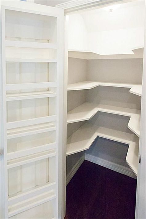 2 Door Pantry Ideas, Flat Panel And Shaker Kitchen Cabinets, U Shaped Pantry Organization, Pantry Shelving Ideas Storage, Coat Closet Pantry Ideas, Utilizing Small Spaces, Pantry Shelf Depth, Pantry Without Door, Pantry Shelving Ideas Small Closet