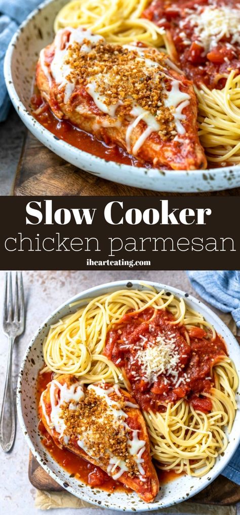 Slow Cooker Chicken Parmesan is an easy way to enjoy chicken parmesan without all the work and mess.rn#slowcooker #crockpot #dinner #chicken #easy #recipe Slow Cooker Chicken Parmesan, Crockpot Chicken Parmesan, Panini Recipes, Cheap Clean Eating, I'm Fat, Crockpot Dinners, Chicken Easy, Tasty Chicken, Dinner Chicken