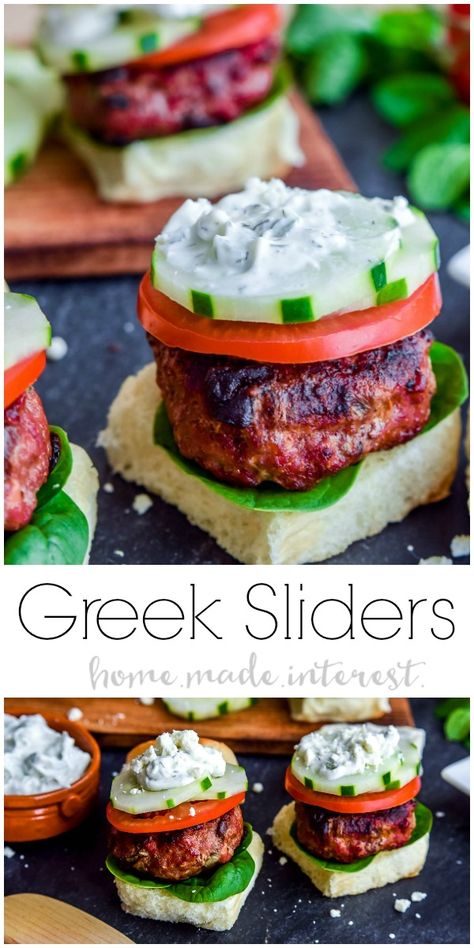 Greek Sliders | These easy Greek Sliders make an awesome appetizer recipe for parties. Make this football party food when you watch the game or serve them as an easy appetizer recipe at a cookout. These grilled Greek sliders are grilled burgers topped with homemade tzatziki to make a delicious slider!  AD |  GreaterOutdoors | Ownyourparty @biggreenegg @aussiebeeflamb Greek Tapas Finger Foods, Greek Canapes, Greek Finger Food, Mediterranean Sliders, Greek Sliders, Nye Recipes, Greek Food Party, Wedding Canapés, Santorini Party