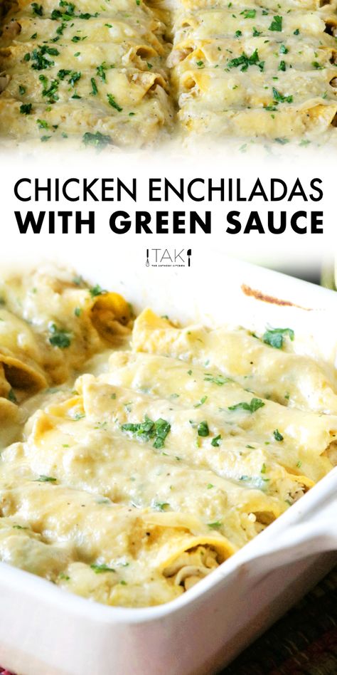 This easy recipe for Chicken Enchiladas Verde is an authentic Mexican enchilada dish consisting of corn tortillas rolled with shredded chicken and Monterrey Jack cheese, topped with a generous serving of Verde Sauce, and baked until bubbly. Super creamy and cheesy! Creamy Chicken Enchiladas Verde, Creamy Verde Sauce, Shredded Chicken Enchiladas Green, Easy Chicken Enchilada Recipe Green Sauce, Chile Verde Enchiladas Chicken, Chicken Enchiladas With Green Chili Sauce, Authentic Enchiladas Verdes, Green Chicken Enchilada Casserole Corn Tortillas, Authentic Mexican Chicken Enchiladas