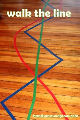 From handsonaswegrow.com: "I taped some fun lines on the floor in three different colors.  A blue zig zag line.  A red curvy line.  And one straight line in green.  We ended up with two activities with this one setup with colored tape.  1. Walk the line of colored tape.  2. Blow pom poms along the coordinating color line." Eyfs Topics, Physical Activities For Preschoolers, Kaba Motor Becerileri, Playing Preschool, March Preschool, Gym Activities, Colored Tape, Transportation Theme, Gross Motor Activities