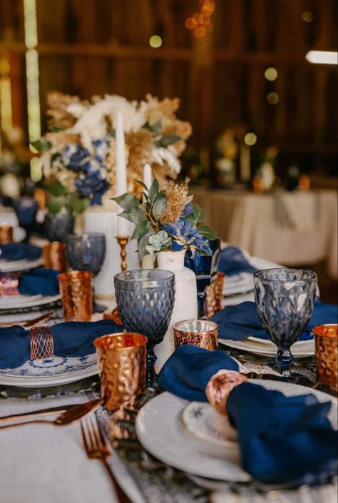 Navy Wedding Mood Board, Steel Blue And Burnt Orange Wedding, Navy Blue And Copper Wedding Table Decor, Dusty Blue And Copper Wedding Theme, Terracotta And Blue Centerpieces, Navy Blue And Rust Wedding Table Settings, Navy And Rust Table Setting, Orange And Blue Rustic Wedding, Terracotta And Blue Wedding Decor